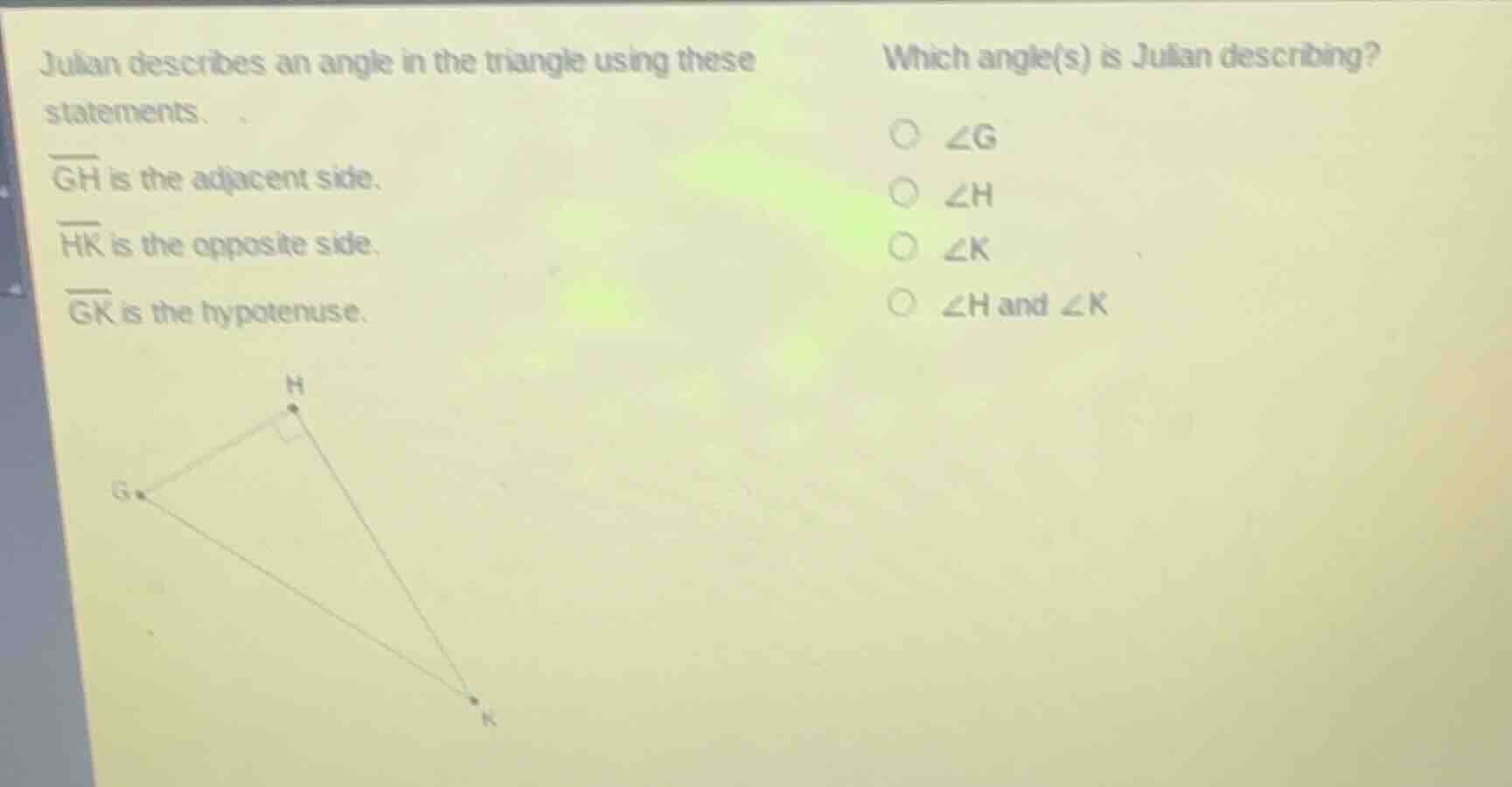julian describes an angle in the triangle using these statements. \\(\\…