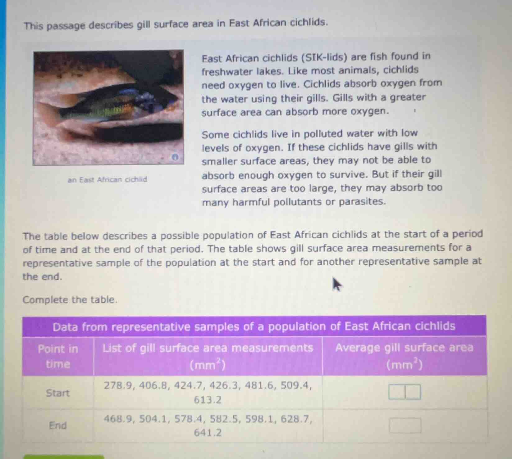 this passage describes gill surface area in east african cichlids. east…