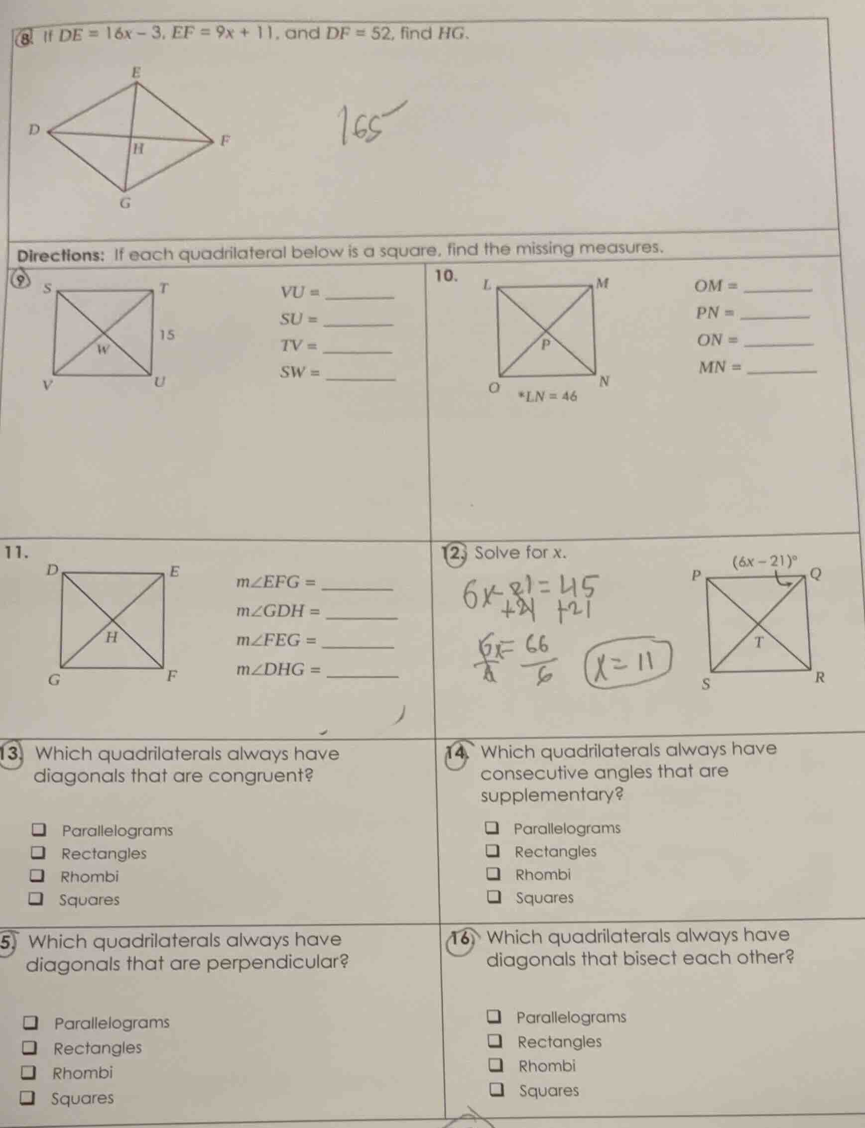 8. if de = 16x - 3, ef = 9x + 11, and df = 52, find hg. directions: if …