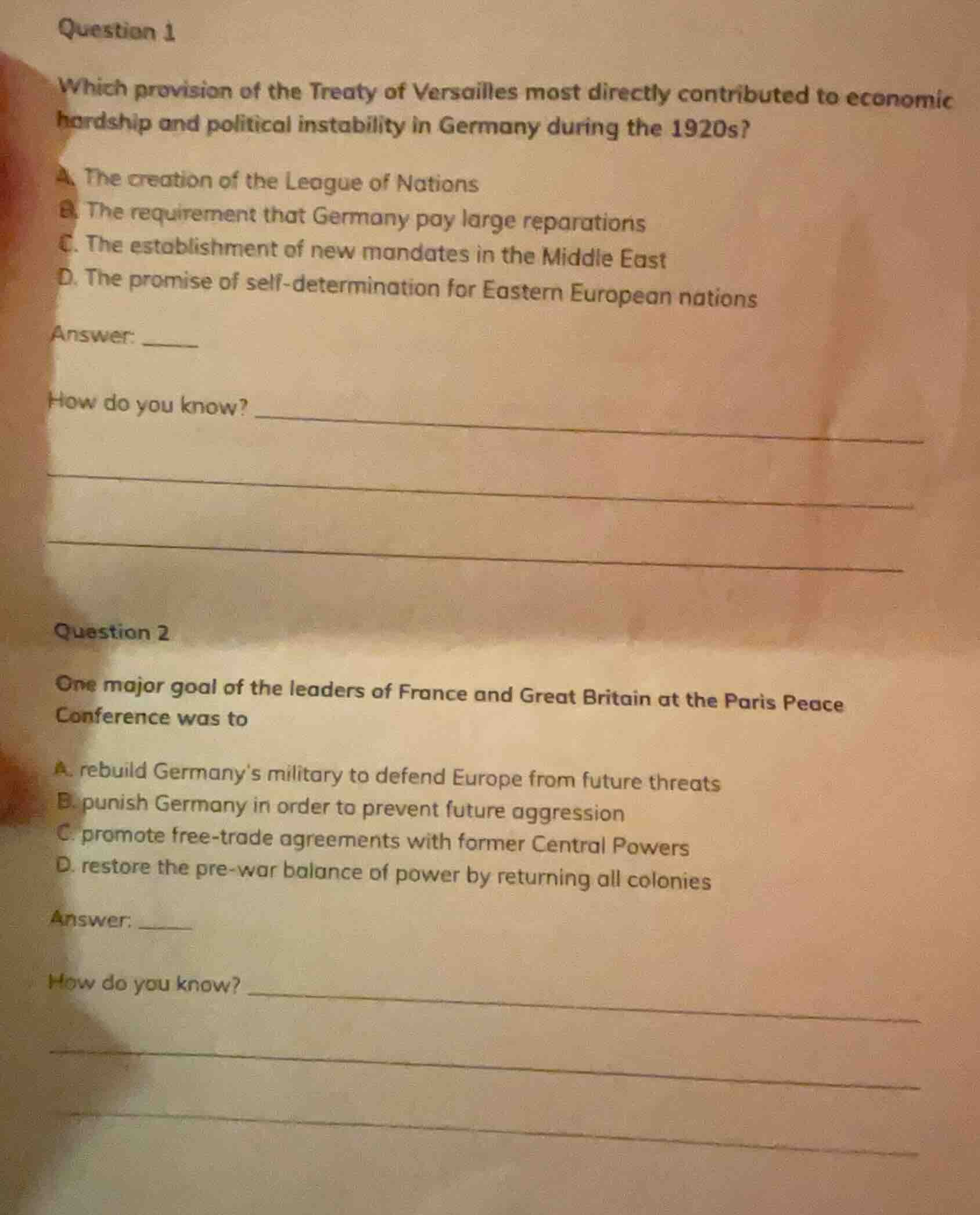 question 1 which provision of the treaty of versailles most directly co…