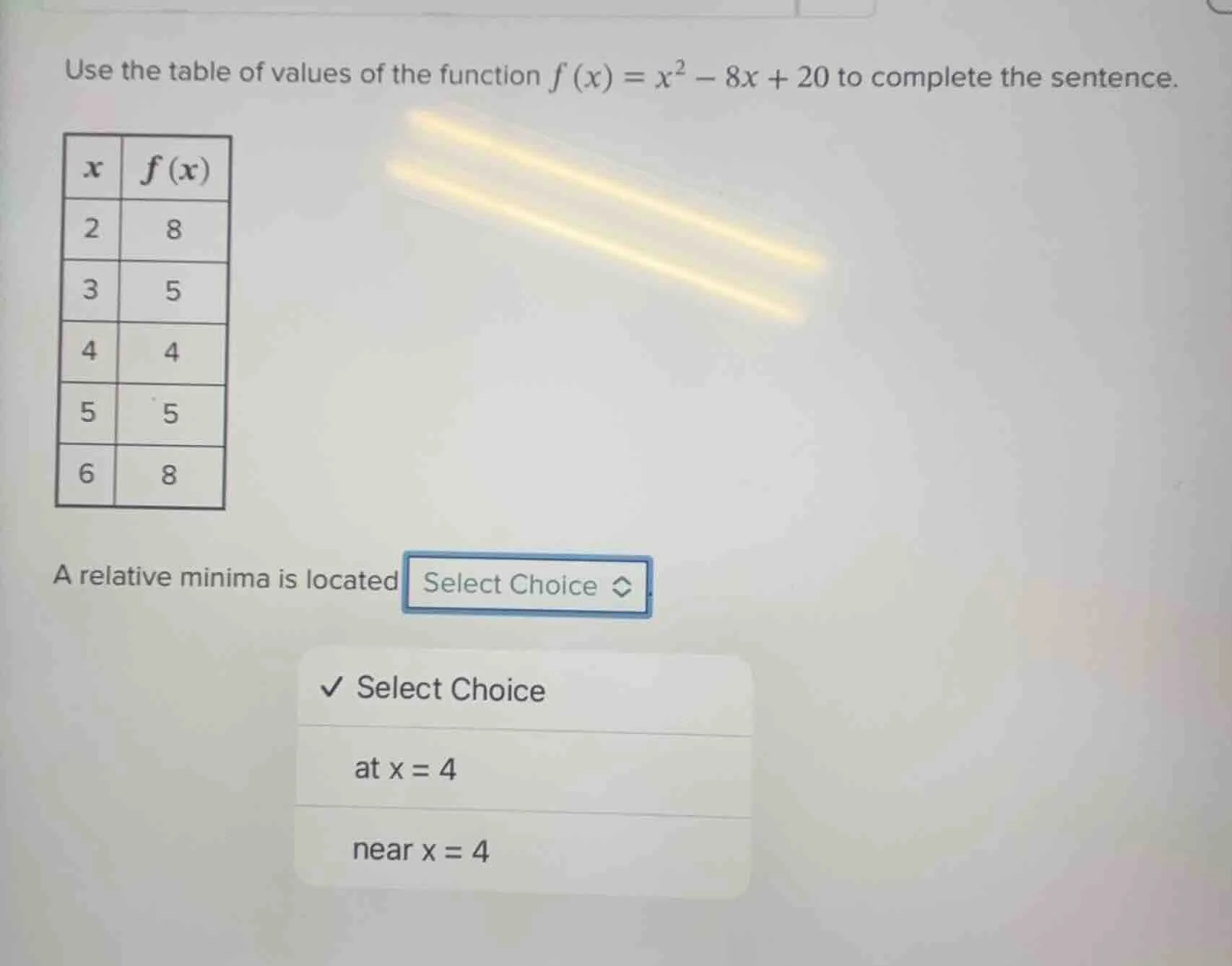 use the table of values of the function $f(x)=x^{2}-8x + 20$ to complet…