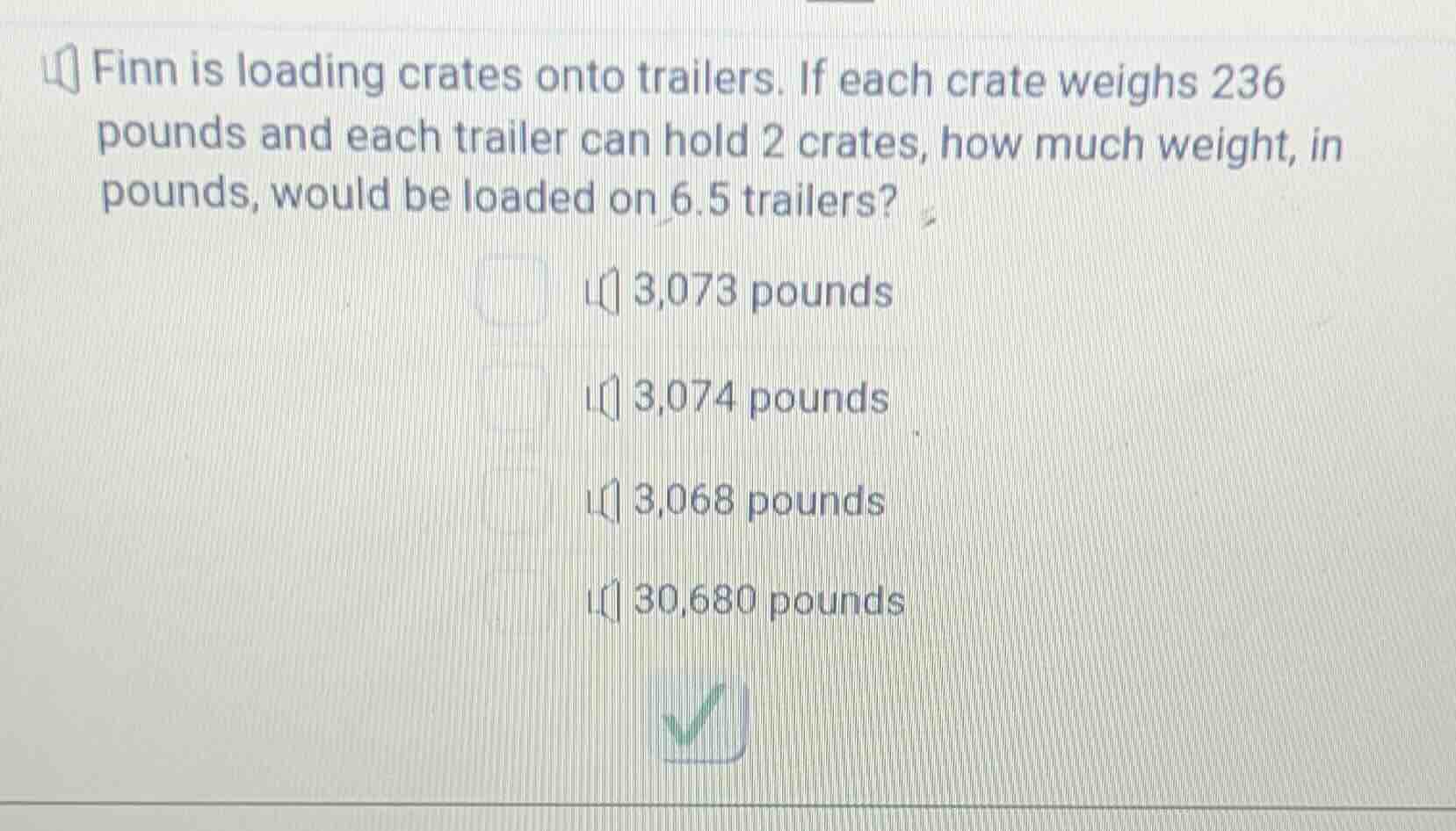 finn is loading crates onto trailers. if each crate weighs 236 pounds a…