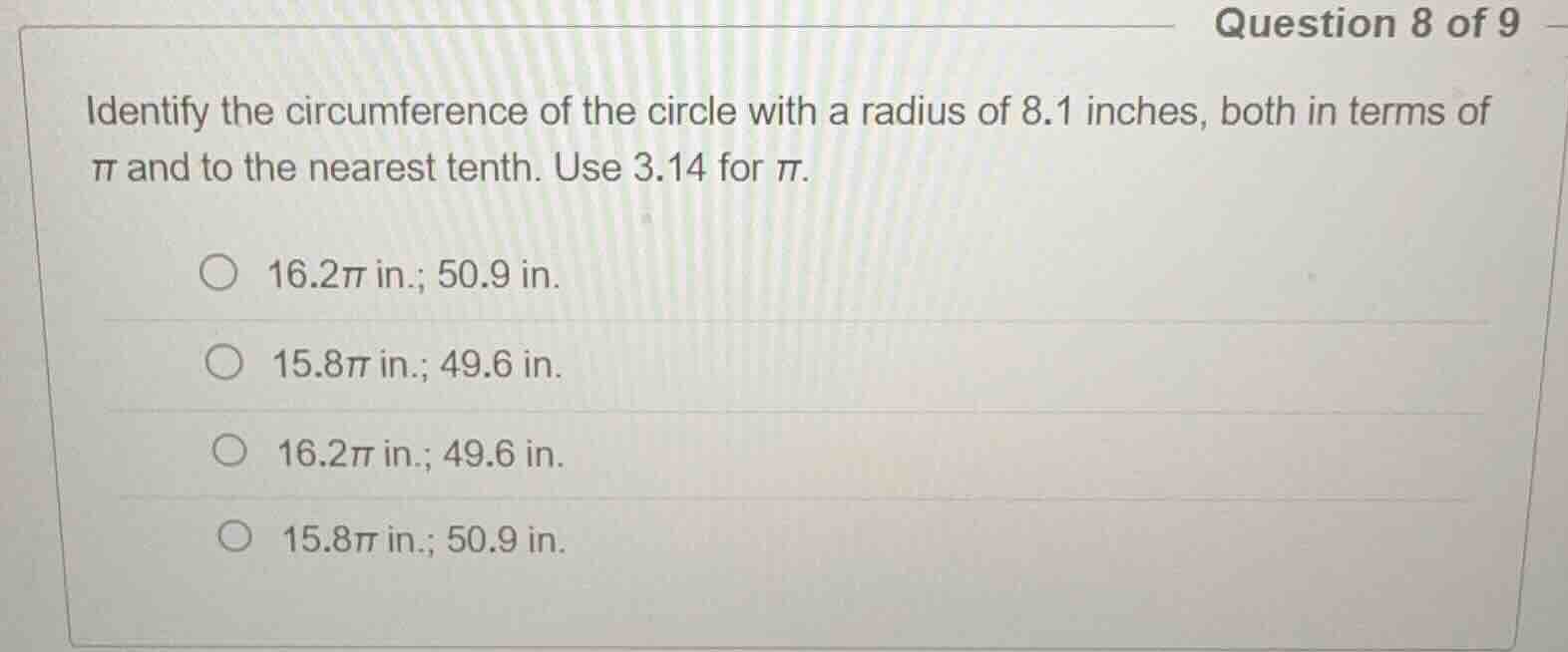 question 8 of 9 identify the circumference of the circle with a radius …
