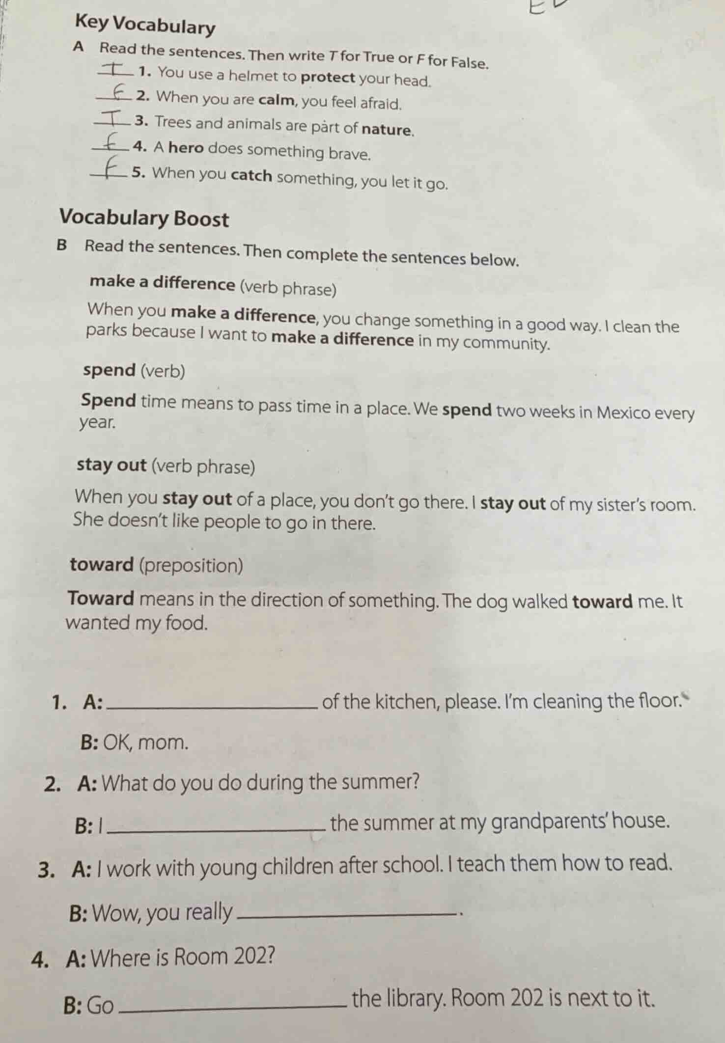 key vocabulary a read the sentences. then write t for true or f for fal…