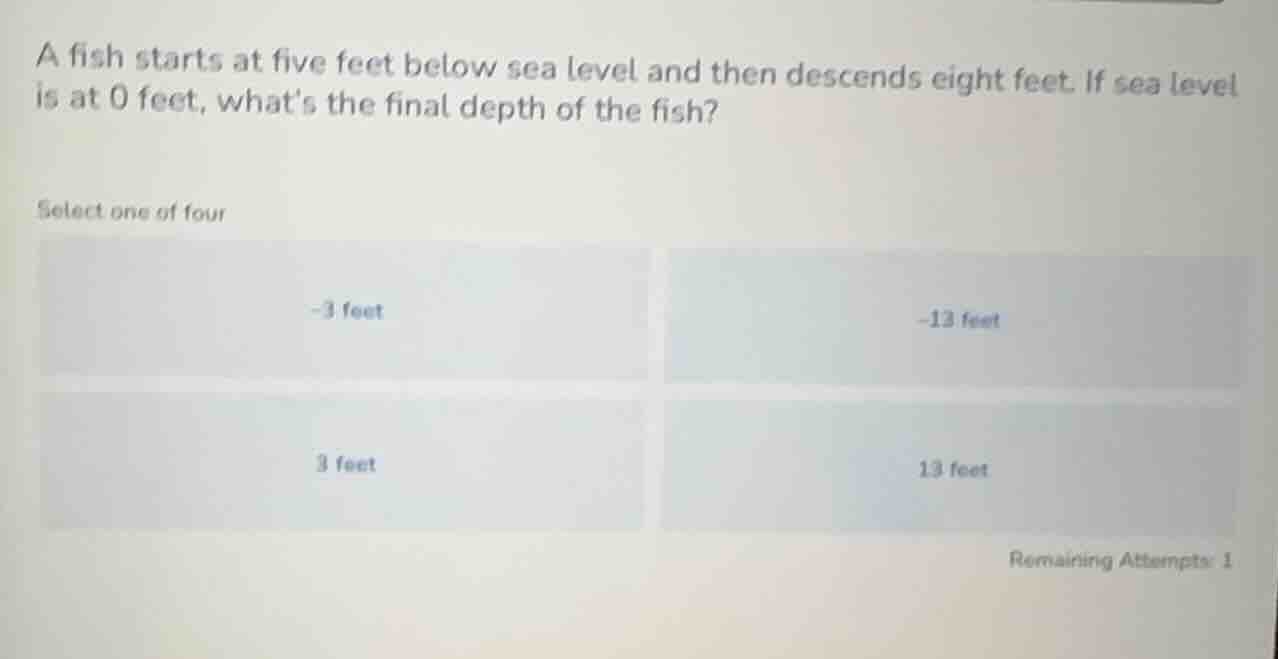 a fish starts at five feet below sea level and then descends eight feet…