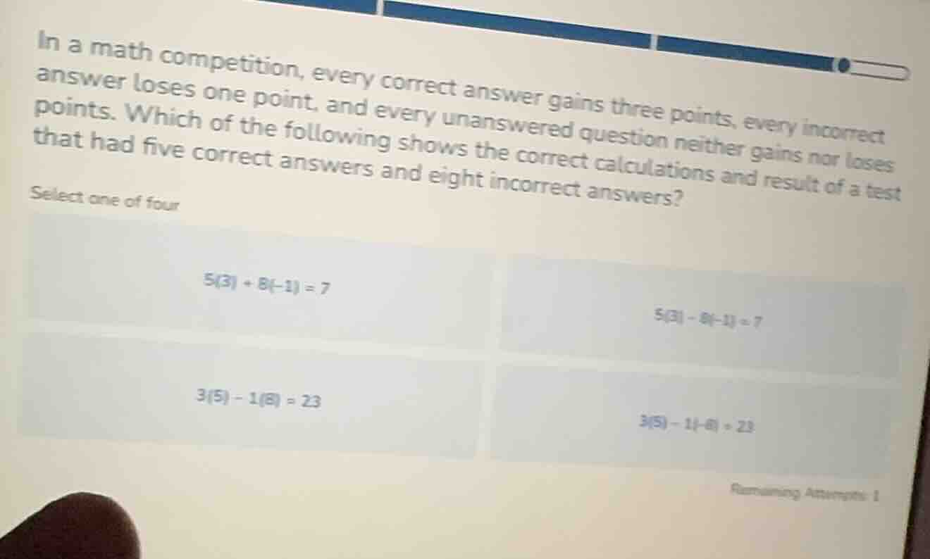 in a math competition, every correct answer gains three points, every i…