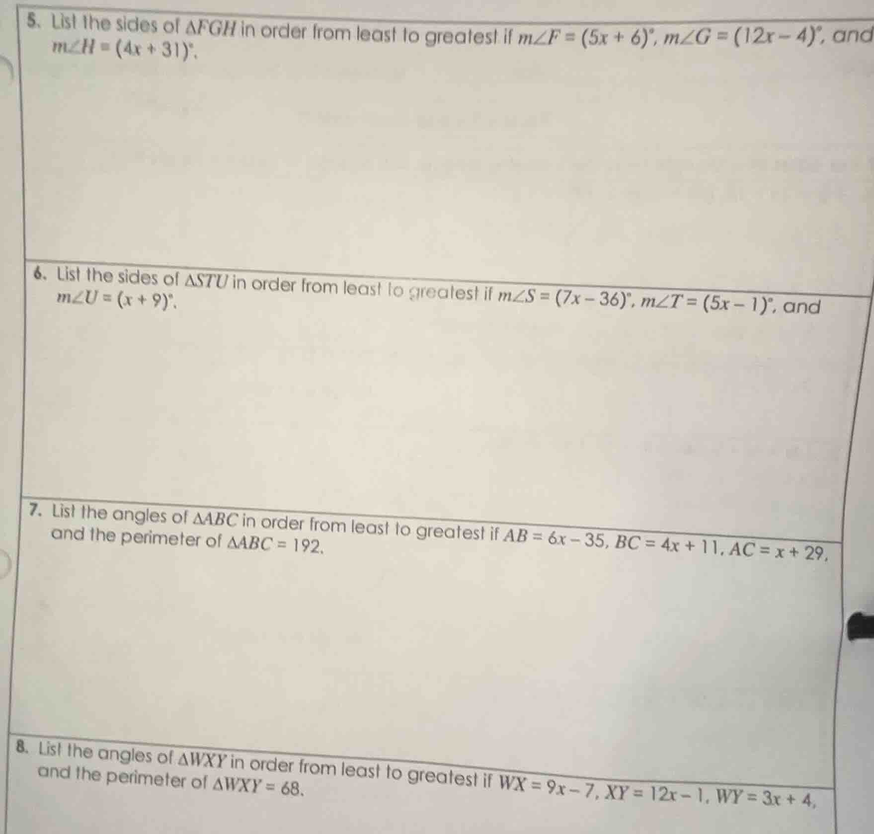 5. list the sides of $\\triangle fgh$ in order from least to greatest i…