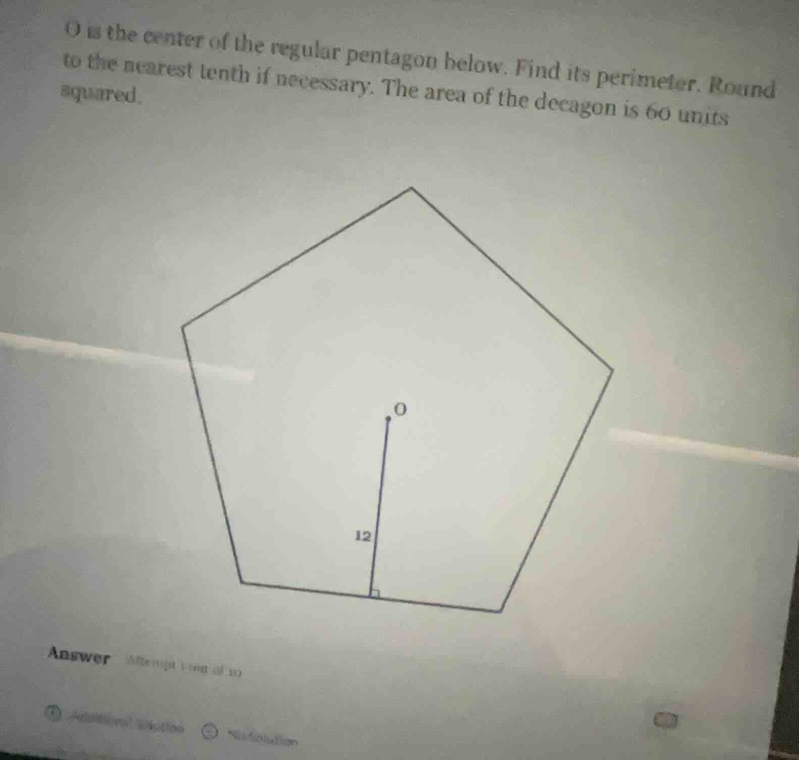 o is the center of the regular pentagon below. find its perimeter. roun…