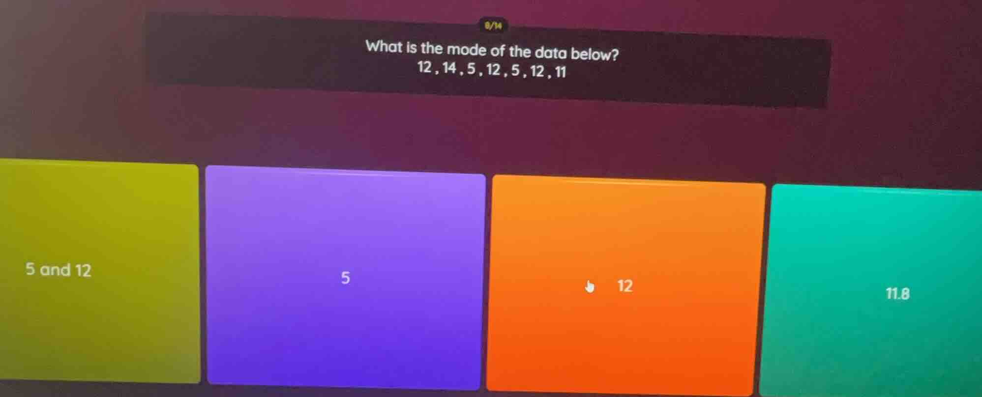 what is the mode of the data below? 12, 14, 5, 12, 5, 12, 11 options: 5…