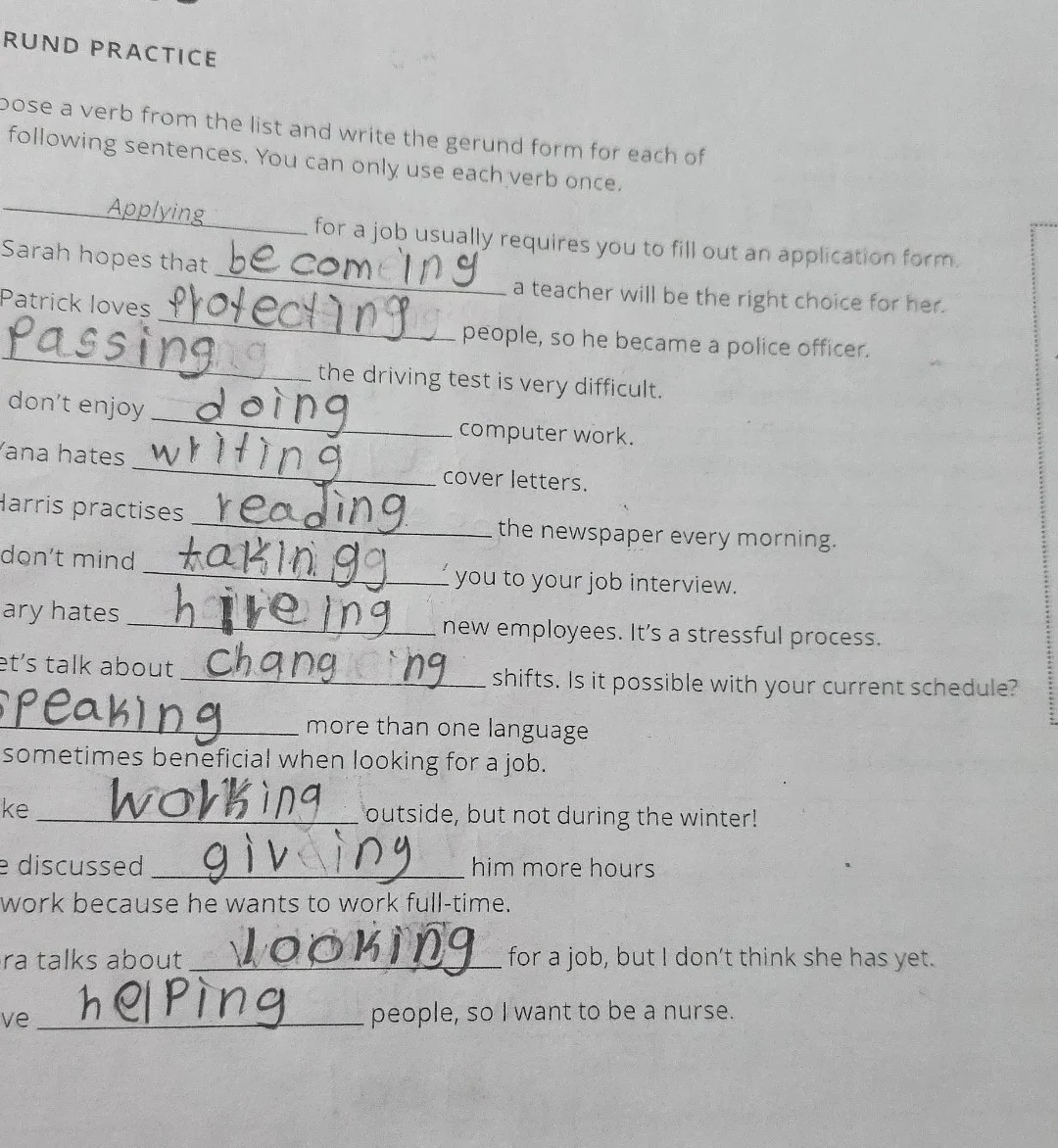 round practice pose a verb from the list and write the gerund form for …