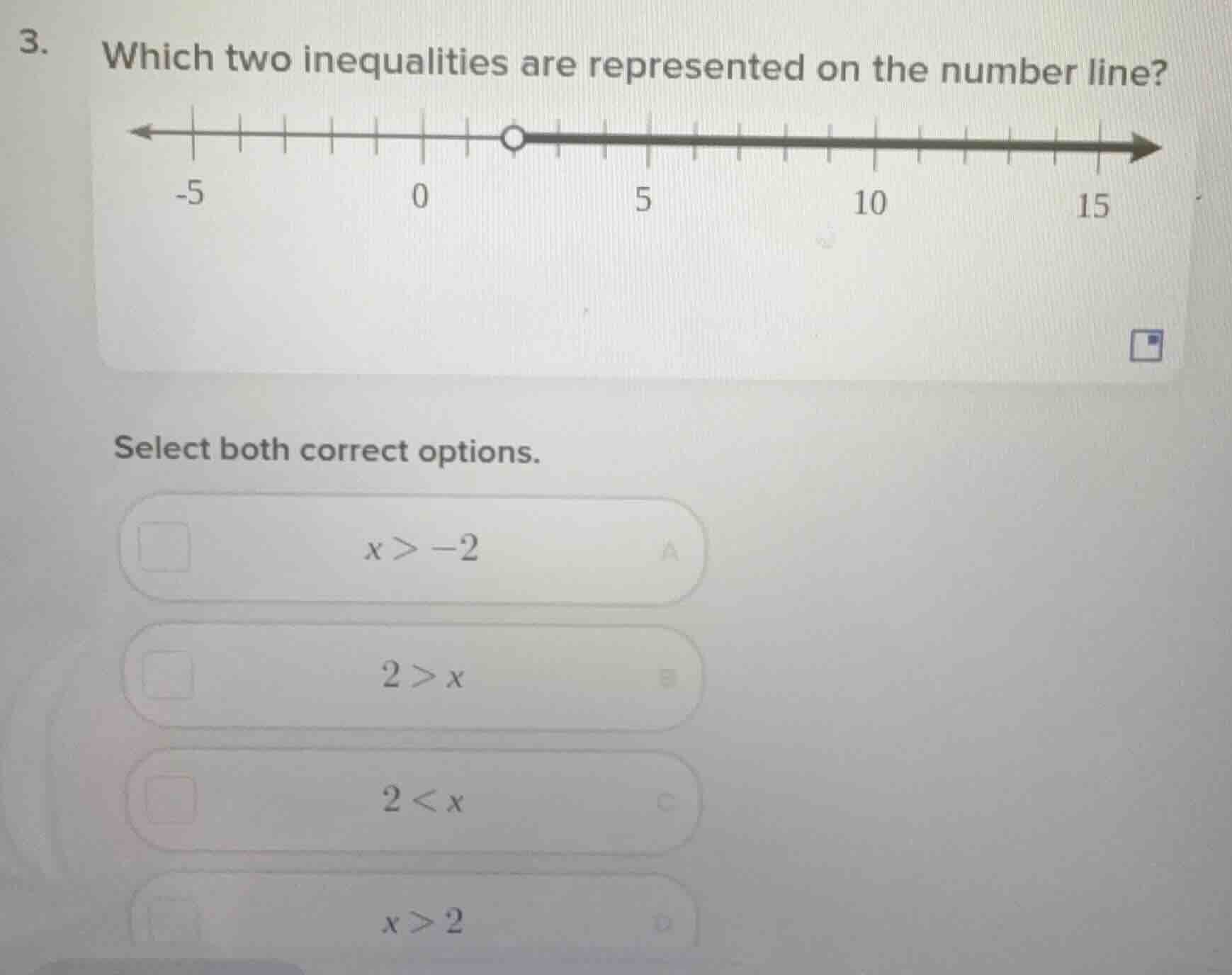 3. which two inequalities are represented on the number line? select bo…