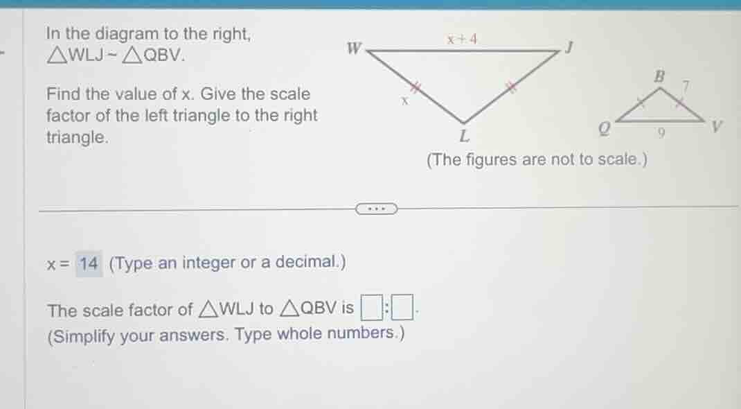 in the diagram to the right, $\\triangle wlj\\sim \\triangle qbv$. find…