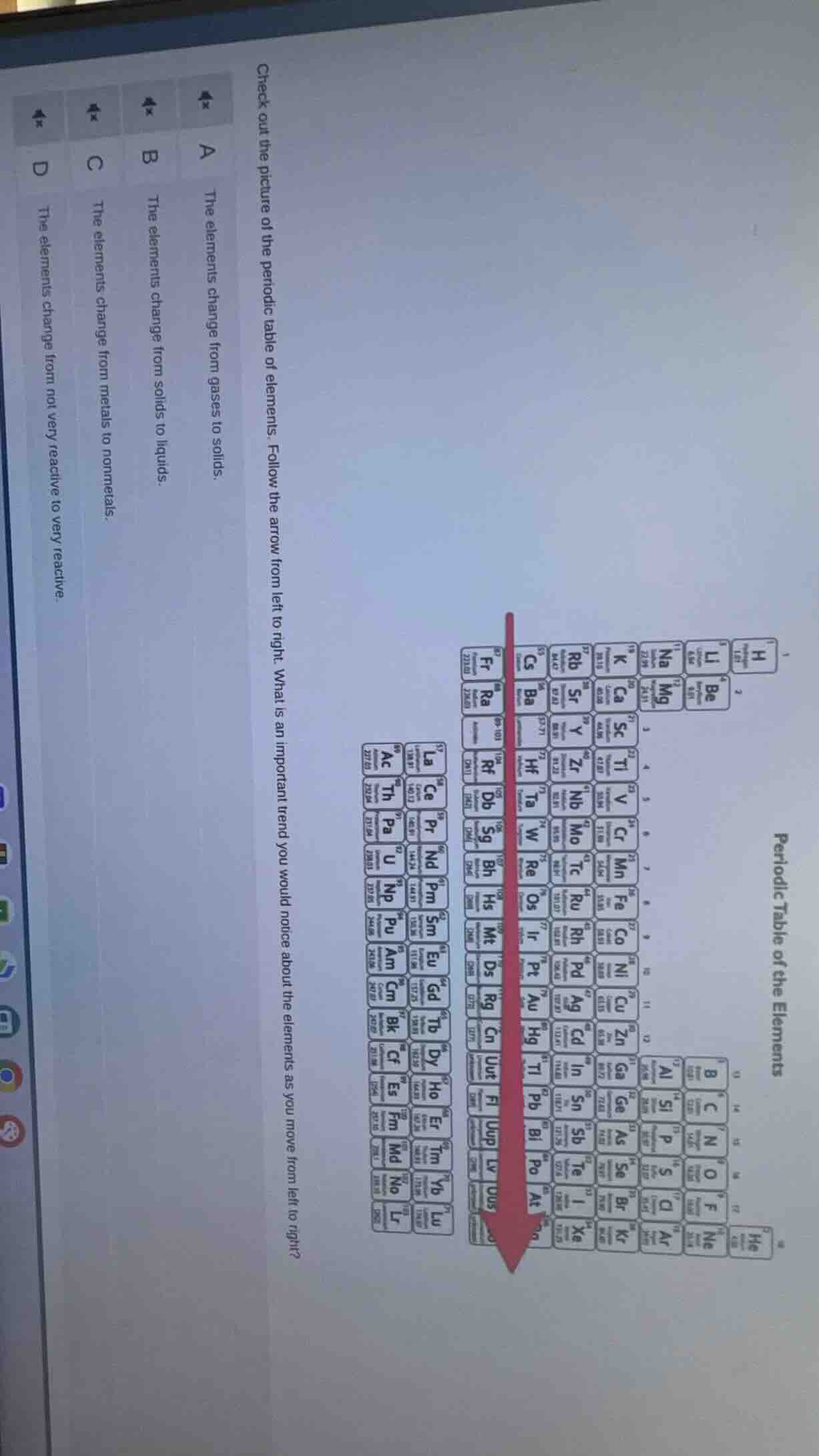 check out the picture of the periodic table of elements. follow the arr…