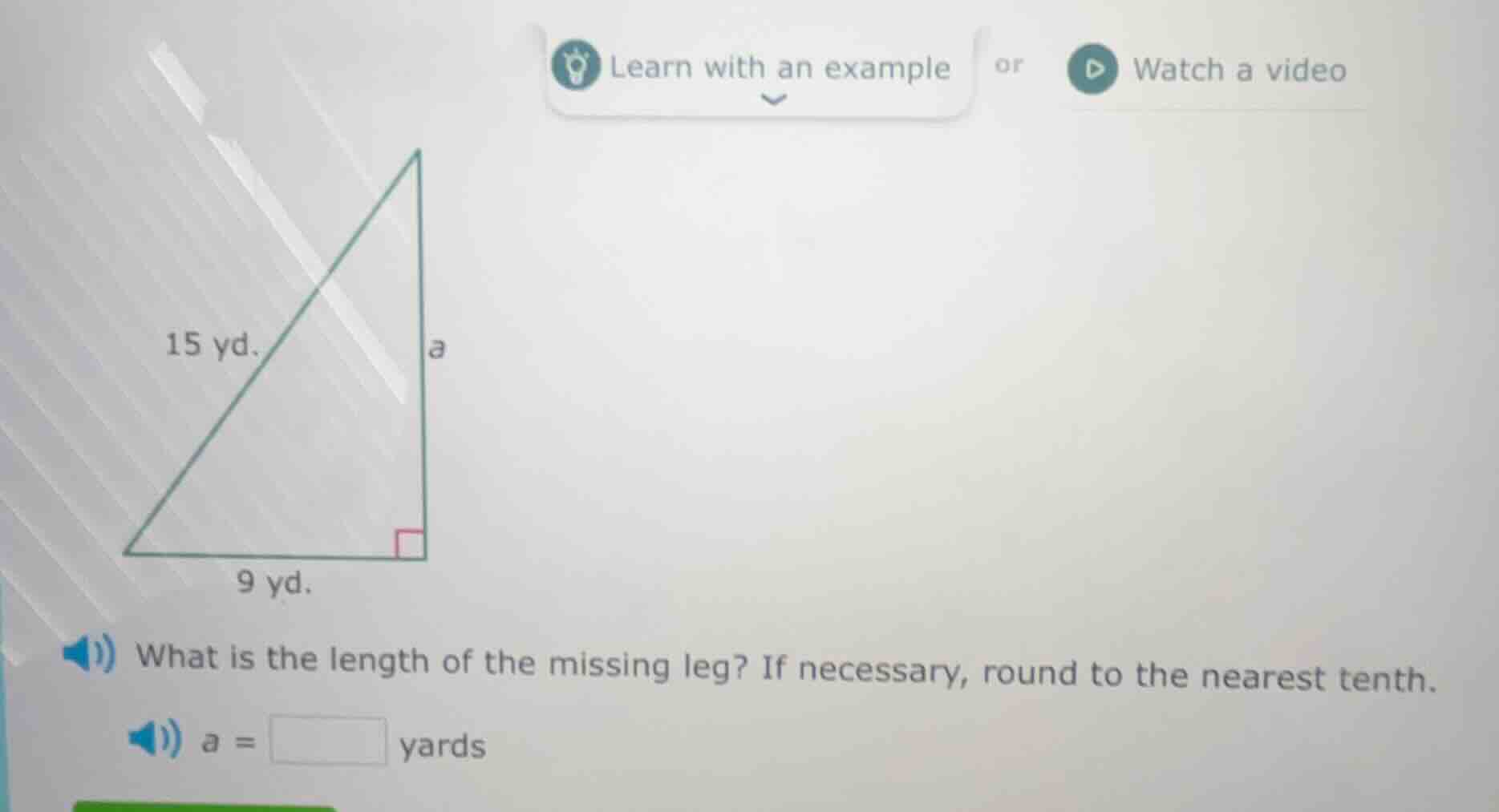 15 yd. 9 yd. what is the length of the missing leg? if necessary, round…