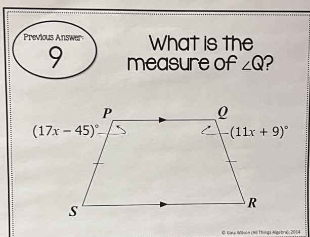 previous answer: 9 what is the measure of ∠q? there is a trapezoid pqrs…