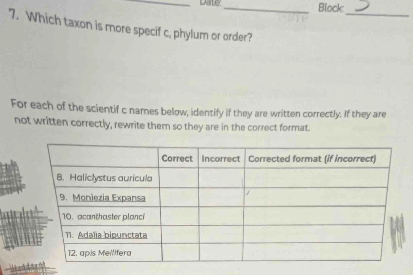 7. which taxon is more specific, phylum or order? for each of the scien…