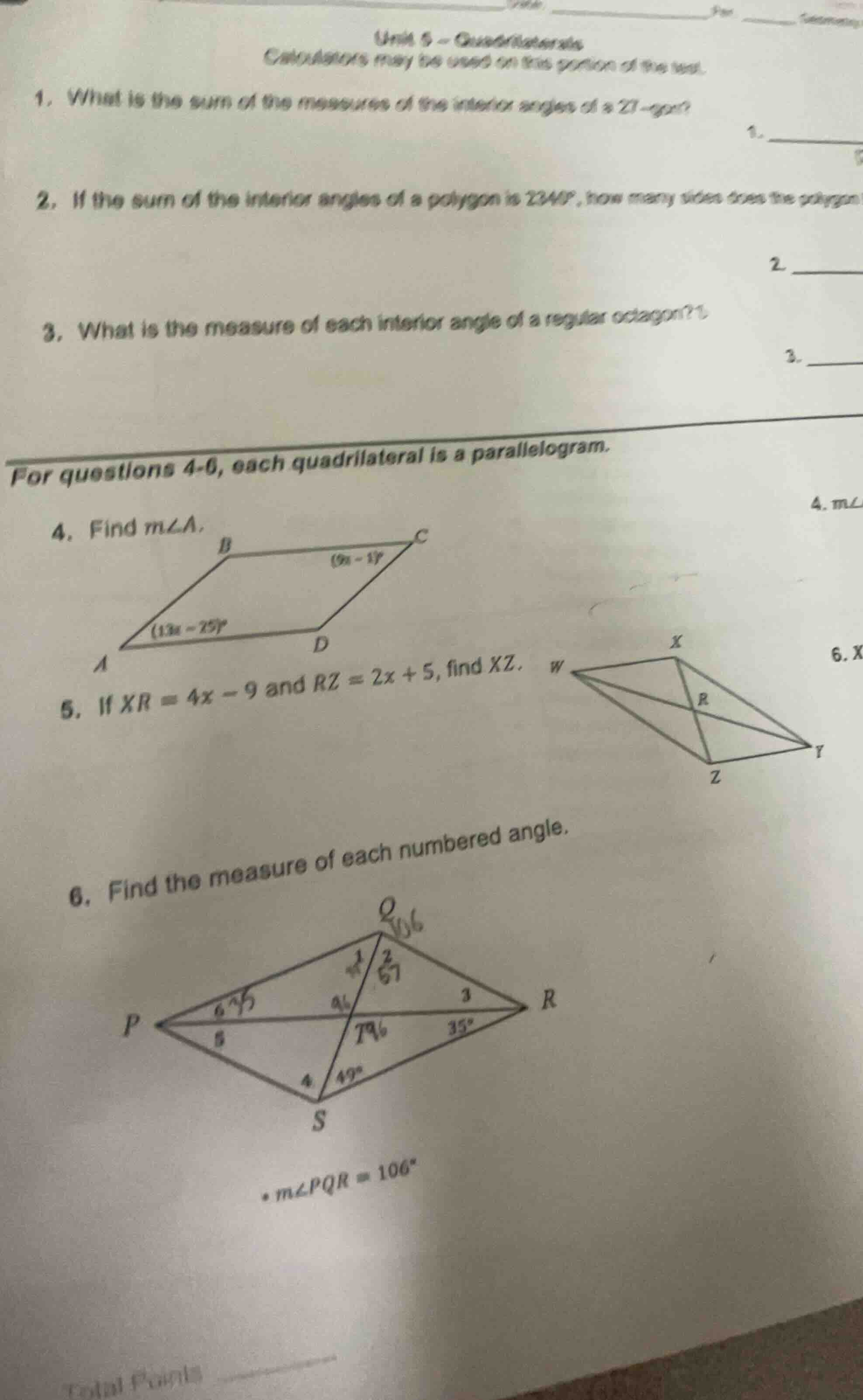 unit 5 - quadrilaterals calculators may be used on this portion of the …