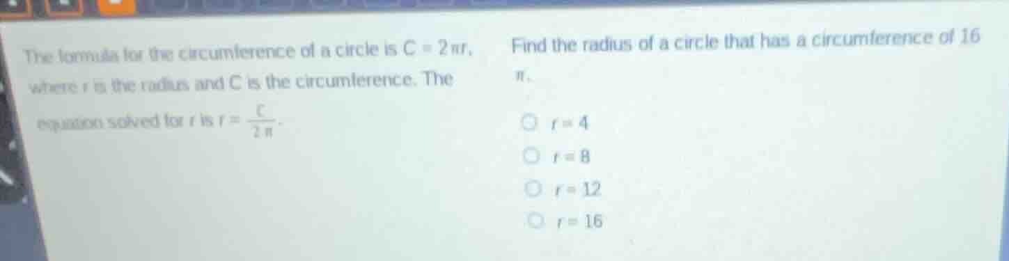 the formula for the circumference of a circle is $c = 2pi r$, where $r$…