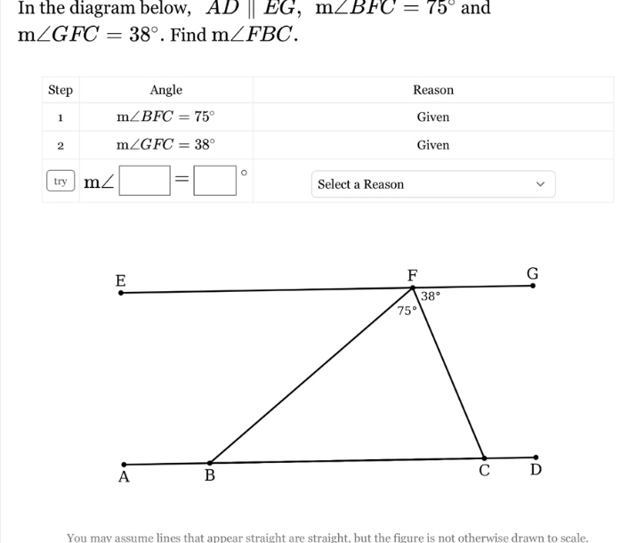 in the diagram below, $ad \\parallel eg$, $m\\angle bfc = 75^\\circ$ an…