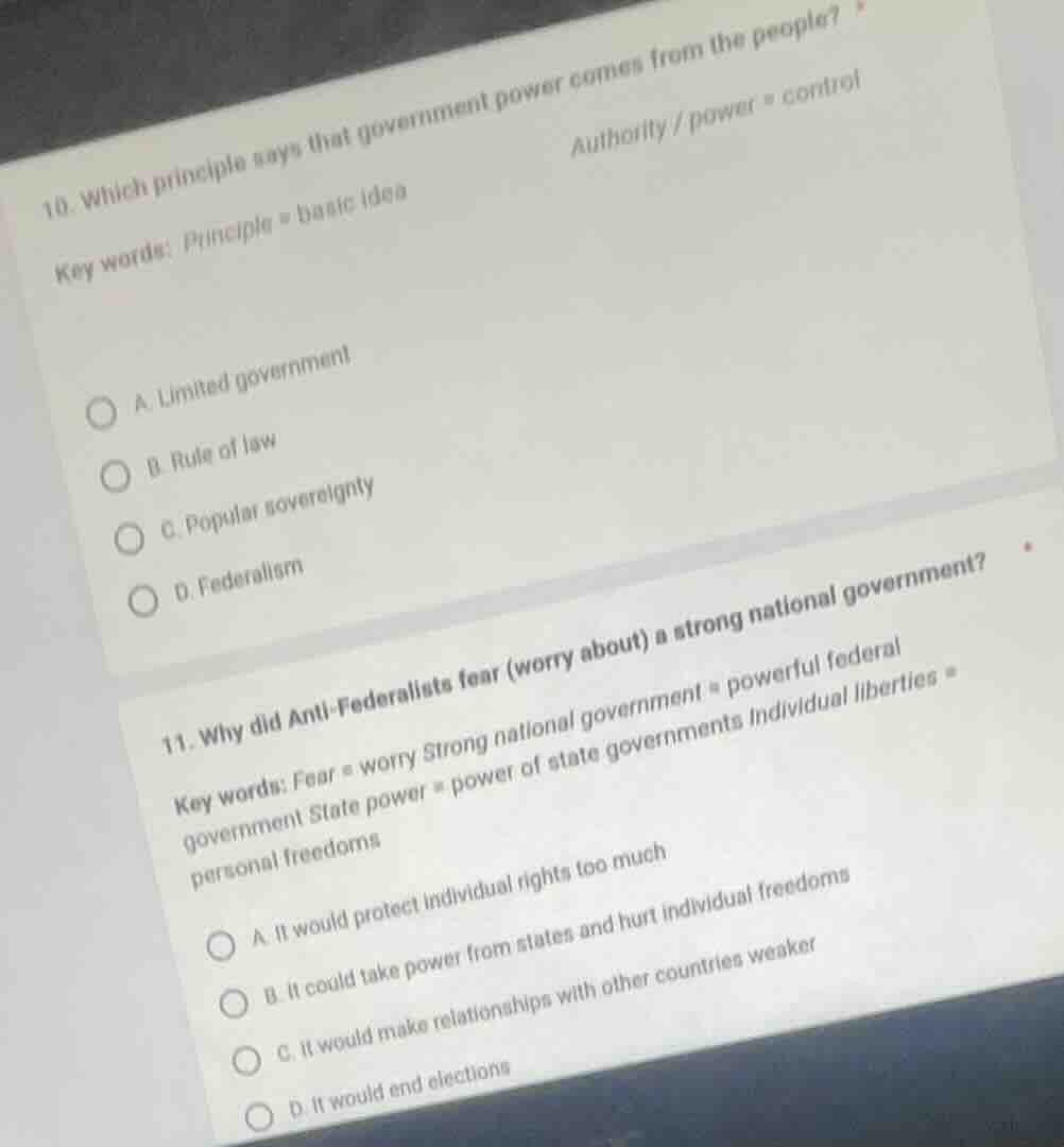 10. which principle says that government power comes from the people? k…