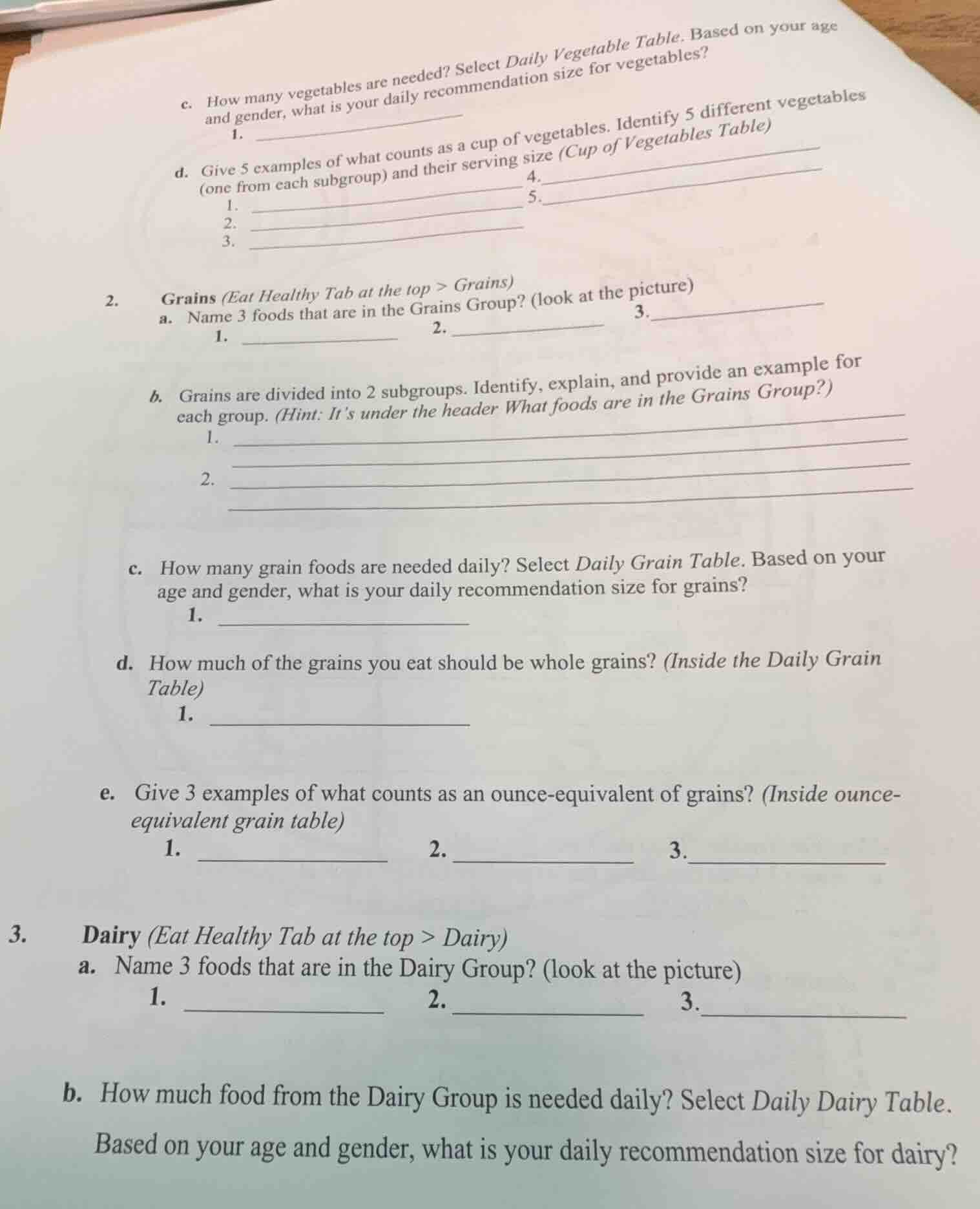 c. how many vegetables are needed? select daily vegetable table. based …