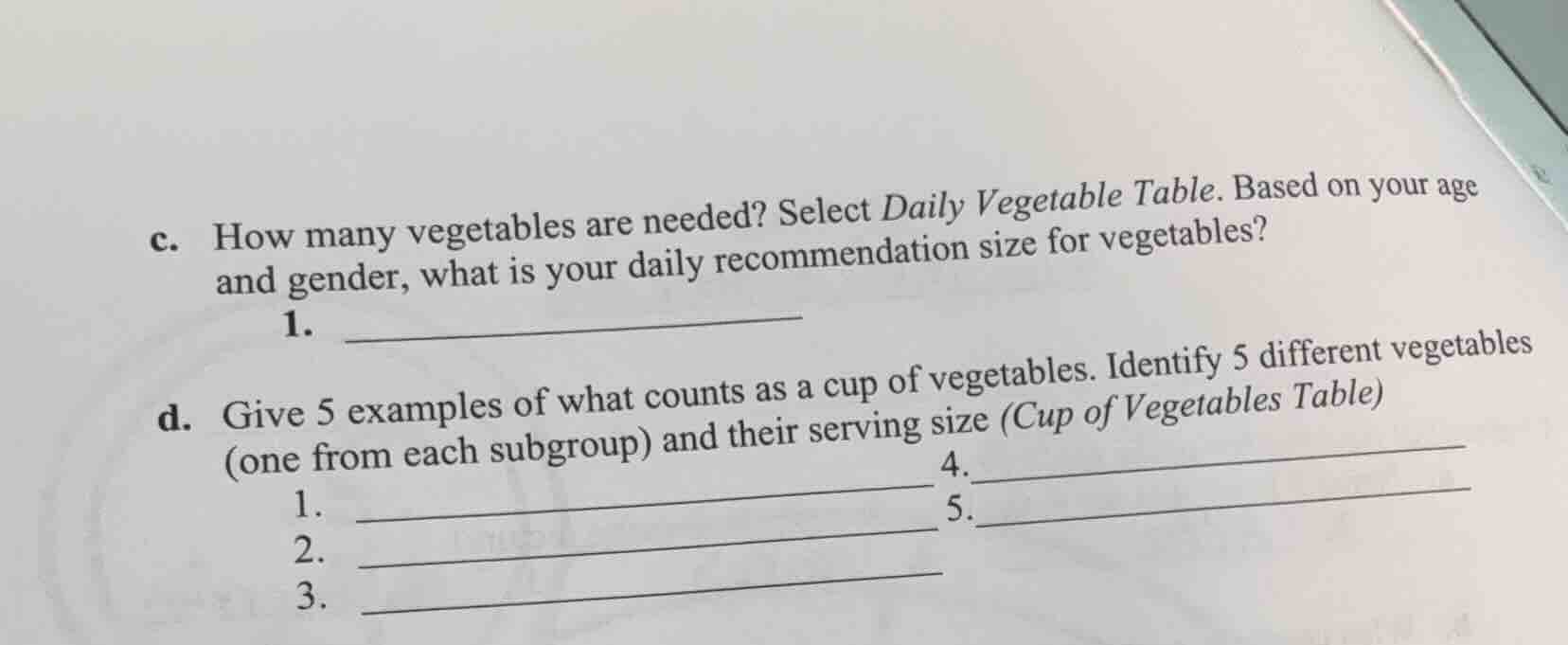 c. how many vegetables are needed? select daily vegetable table. based …