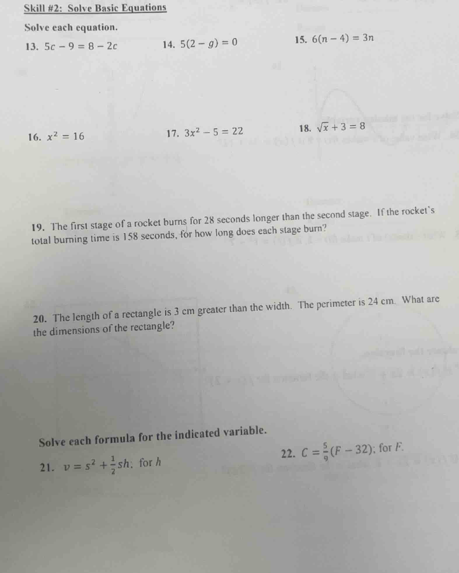 skill #2: solve basic equations solve each equation. 13. $5c - 9 = 8 - …