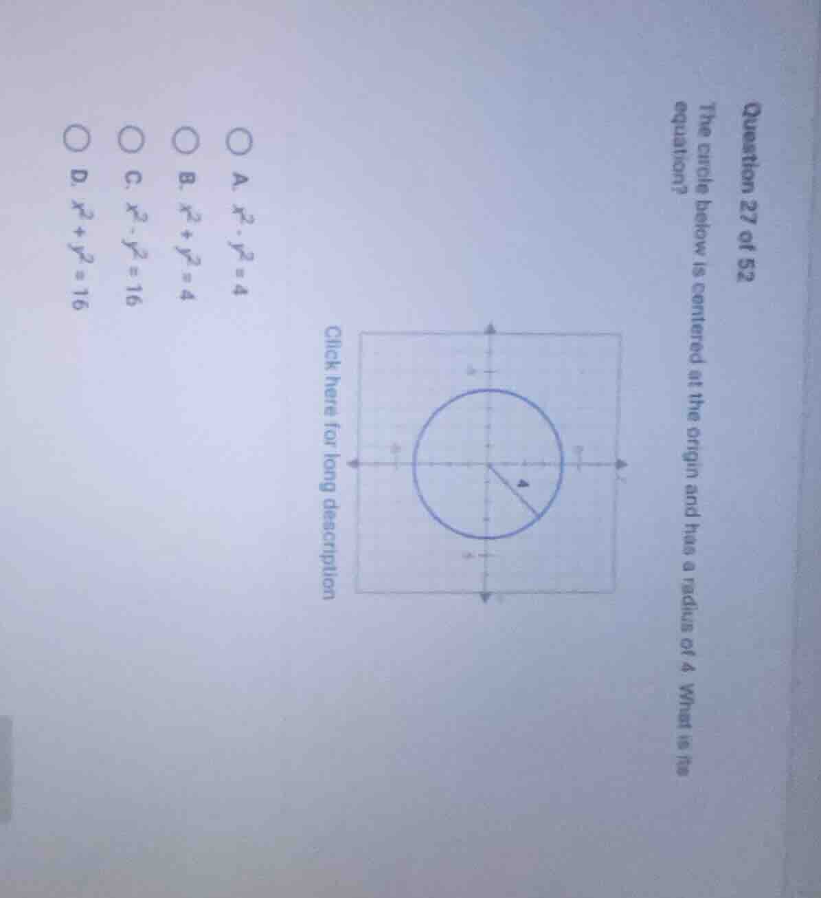 question 27 of 52 the circle below is centered at the origin and has a …