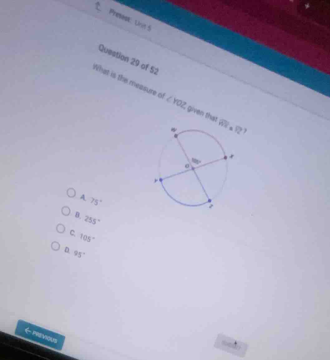 question 20 of 52 what is the measure of ∠yoz given that \\(\\overarc{w…
