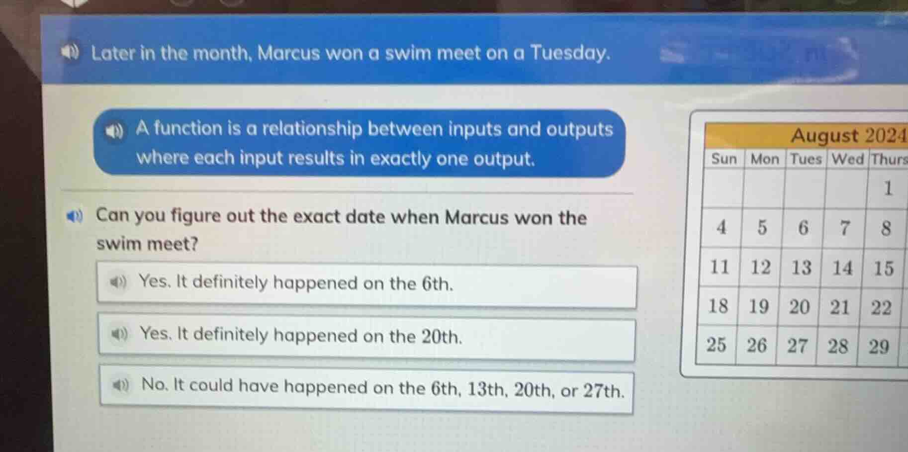later in the month, marcus won a swim meet on a tuesday. a function is …