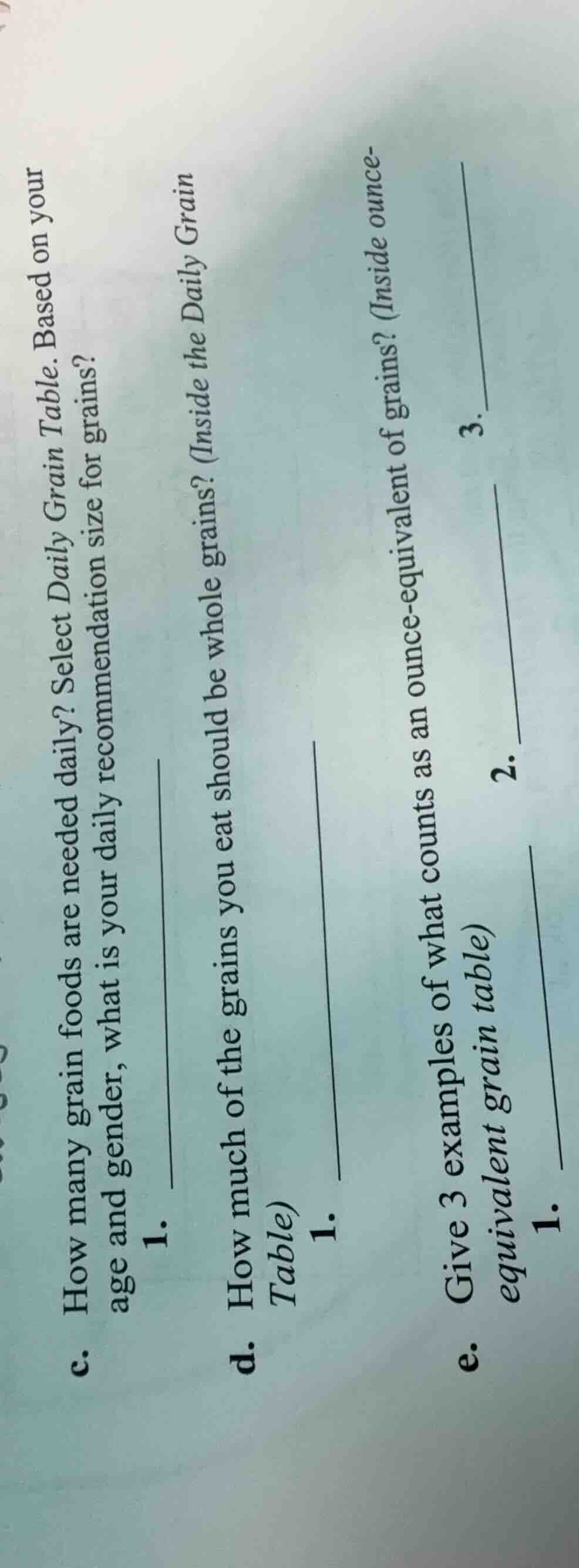 how many grain foods are needed daily? select daily grain table. based …