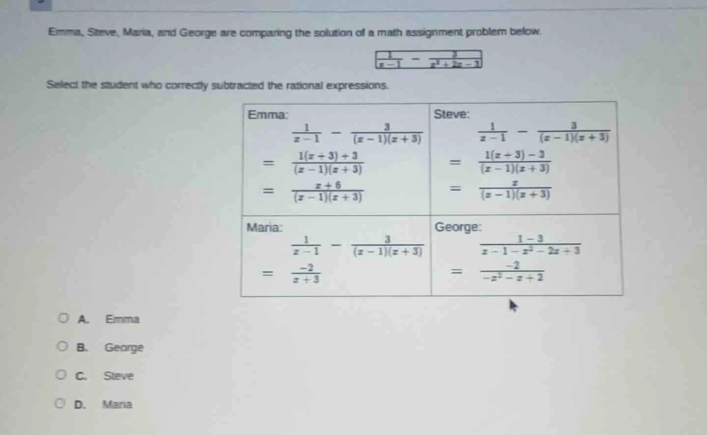 emma, steve, maria, and george are comparing the solution of a math ass…