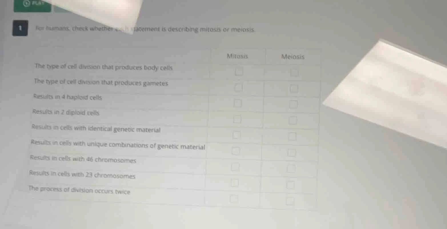 1 for humans, check whether each statement is describing mitosis or mei…