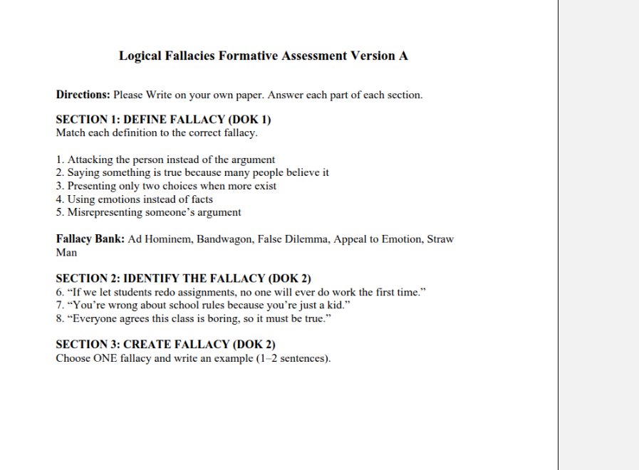 logical fallacies formative assessment version a directions: please wri…