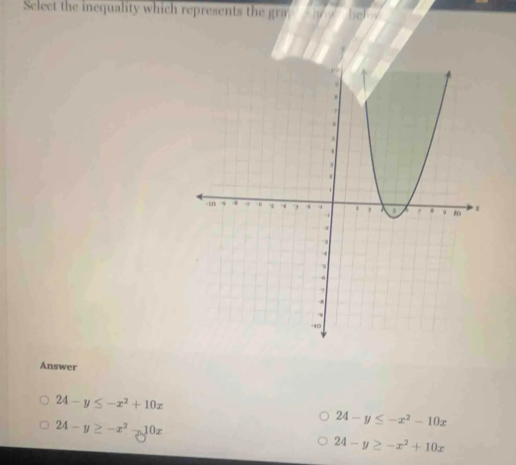 select the inequality which represents the graph below answer $\\circ\\…
