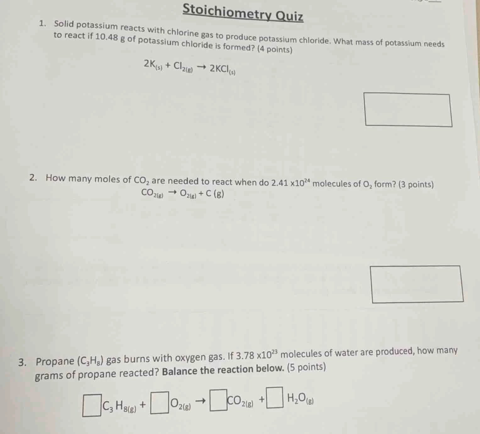 stoichiometry quiz 1. solid potassium reacts with chlorine gas to produ…