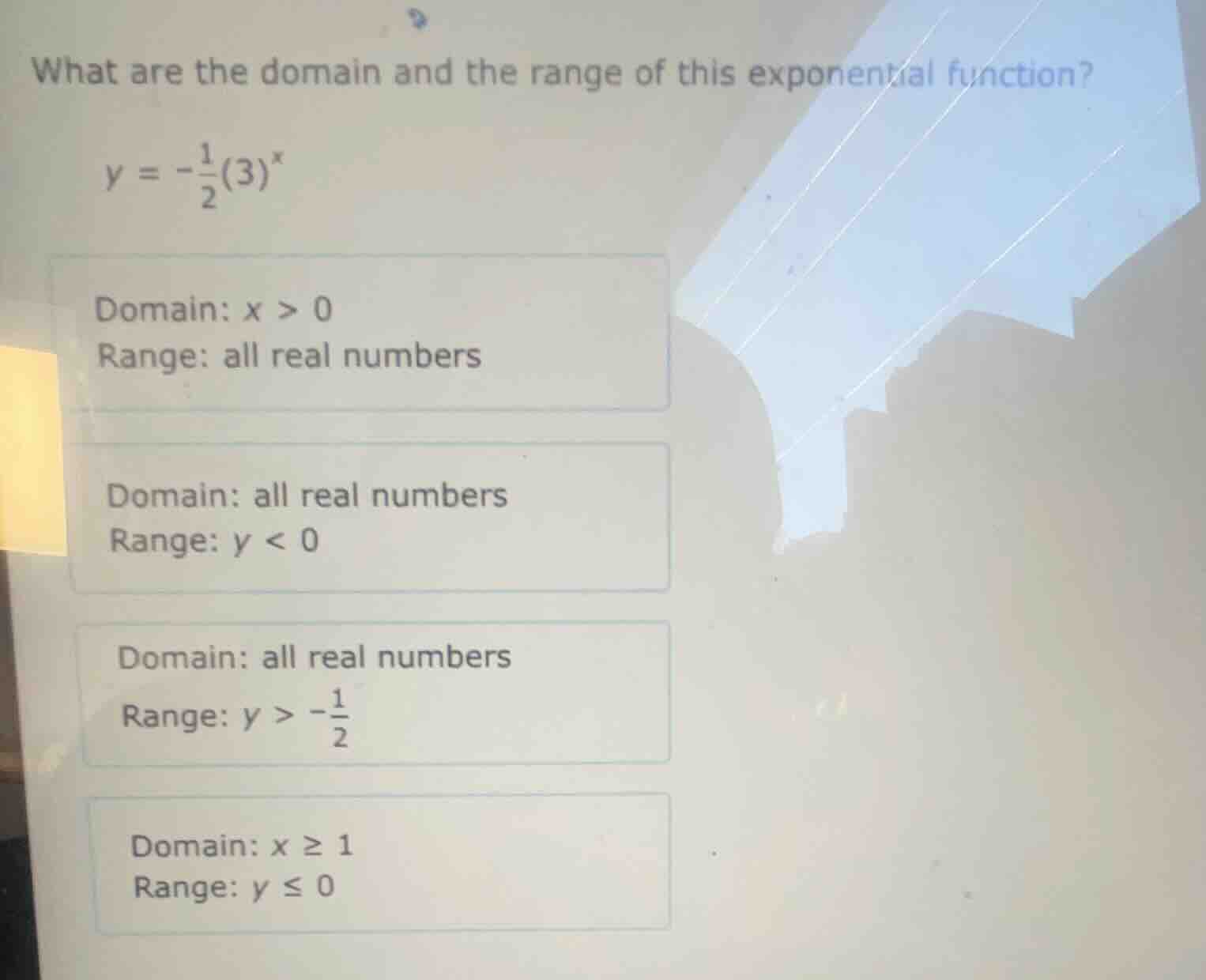 what are the domain and the range of this exponential function? y = -\\…