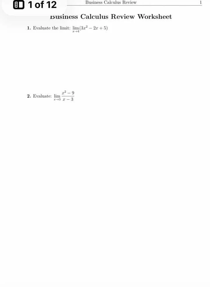 business calculus review business calculus review worksheet 1. evaluate…