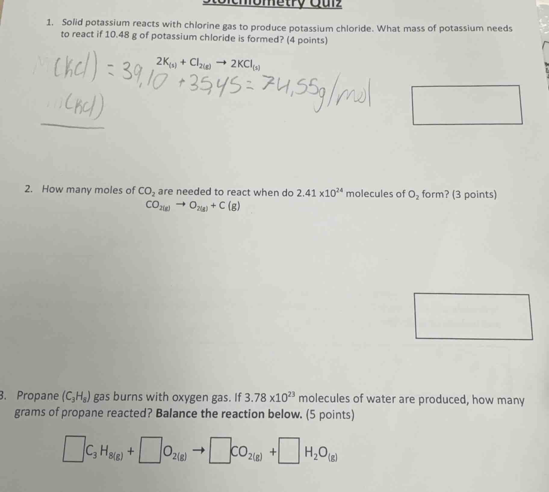 stoichiometry quiz 1. solid potassium reacts with chlorine gas to produ…