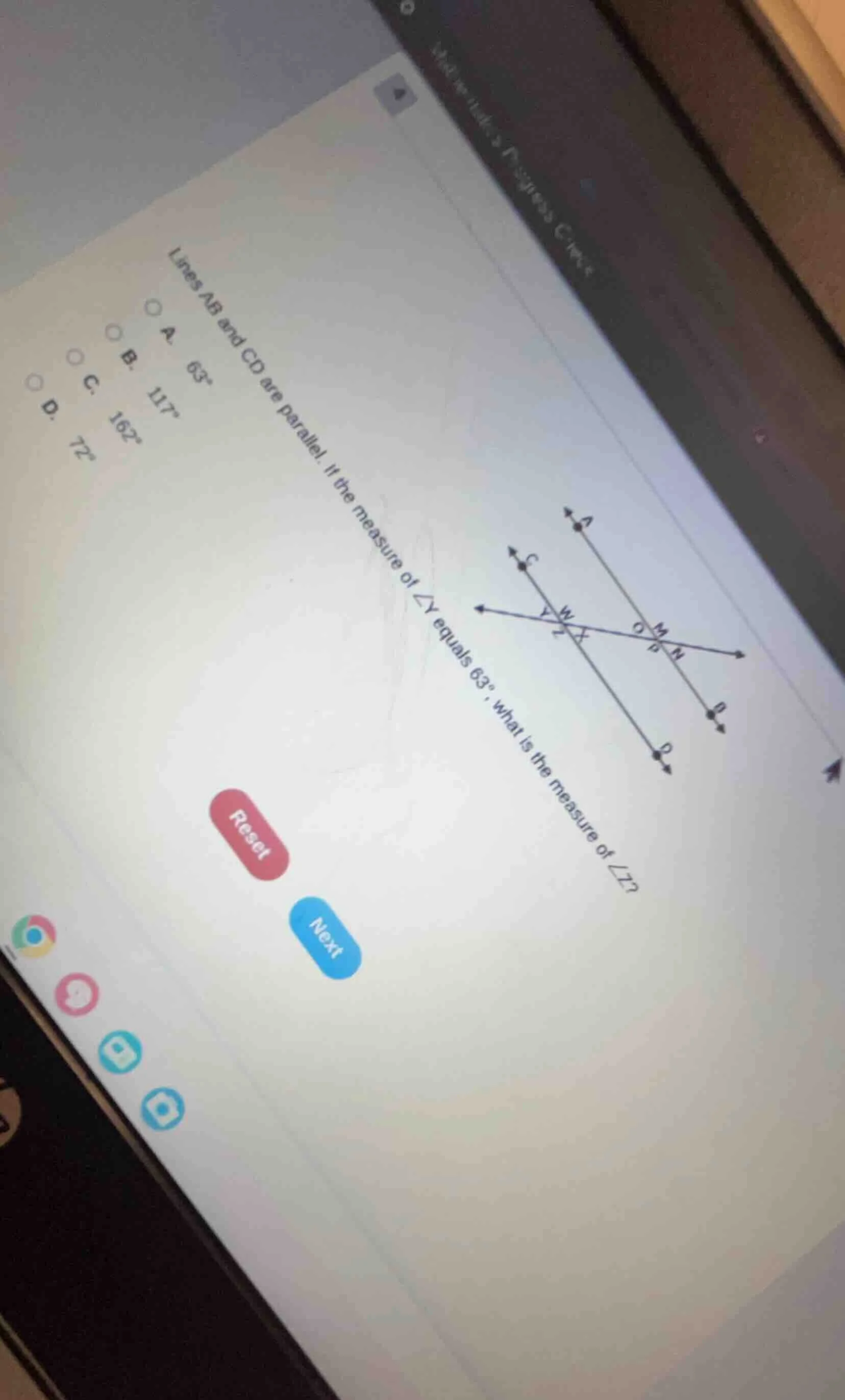 lines ab and cd are parallel. if the measure of ∠y equals 63°, what is …