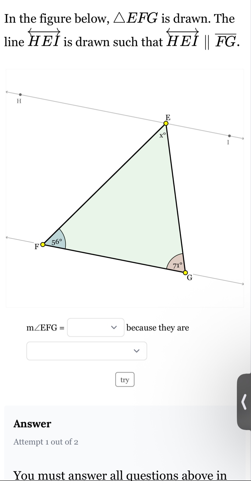 in the figure below, $\\triangle efg$ is drawn. the line $\\overleftrig…