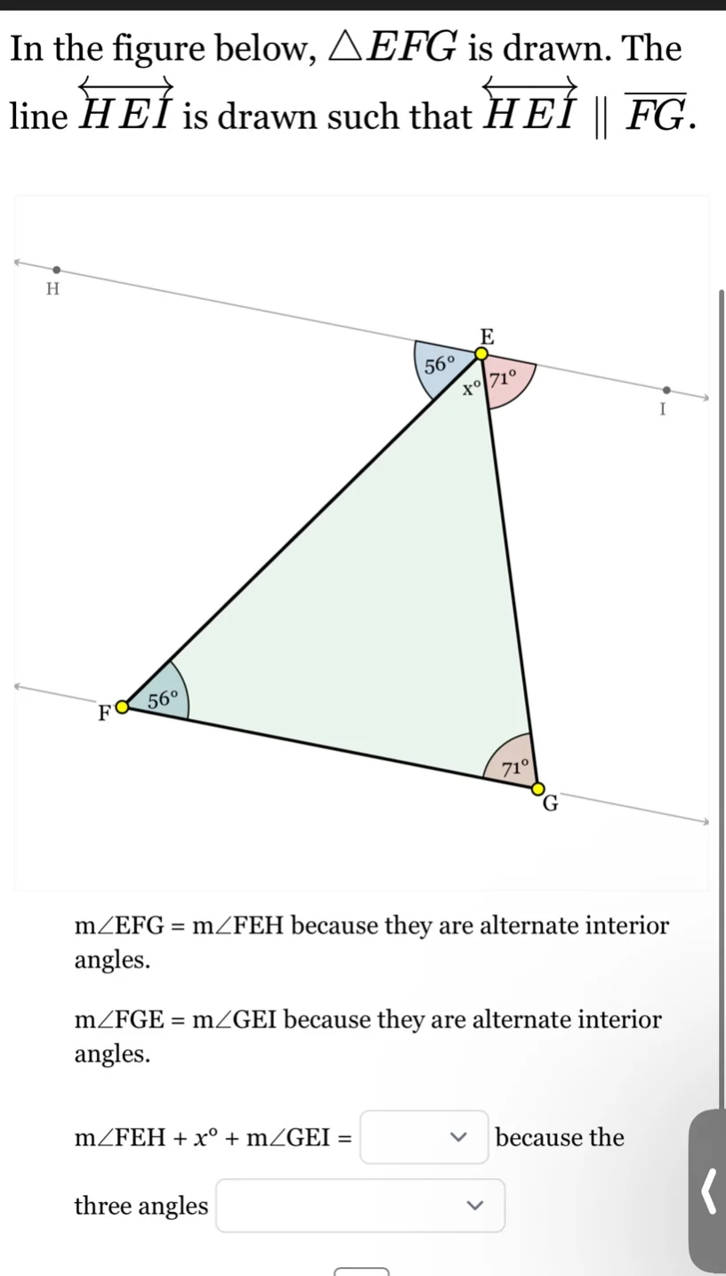 in the figure below, $\\triangle efg$ is drawn. the line $\\overleftrig…