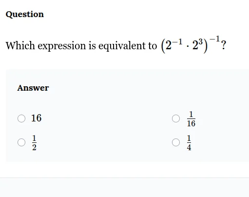 question which expression is equivalent to (left(2^{-1}cdot 2^{3} ight)…
