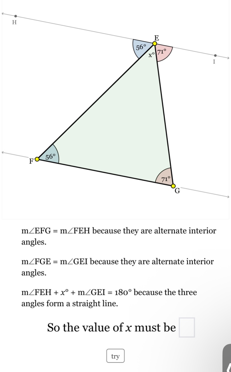 m∠efg = m∠feh because they are alternate interior angles. m∠fge = m∠gei…