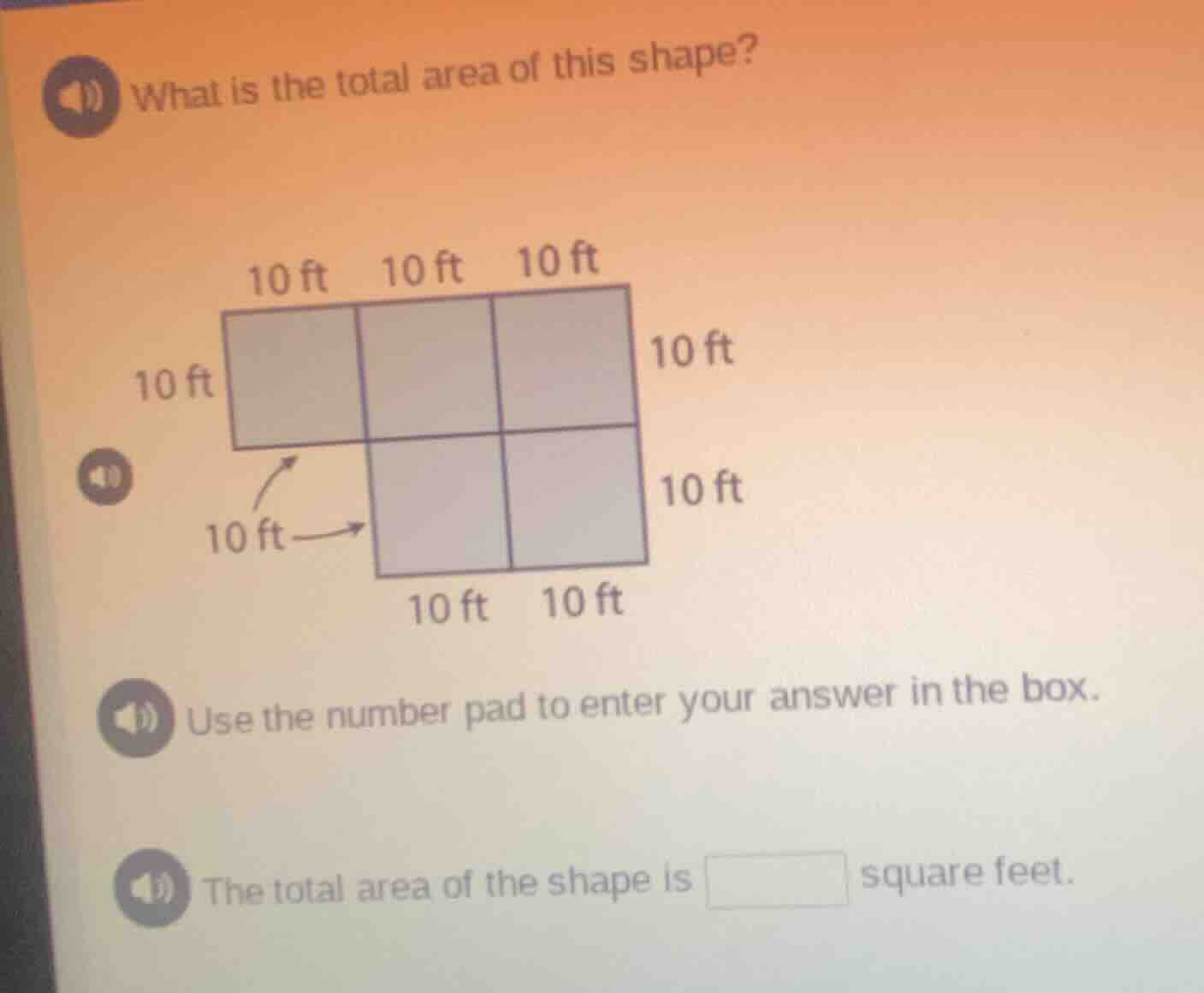 what is the total area of this shape? 10 ft 10 ft 10 ft 10 ft 10 ft 10 …