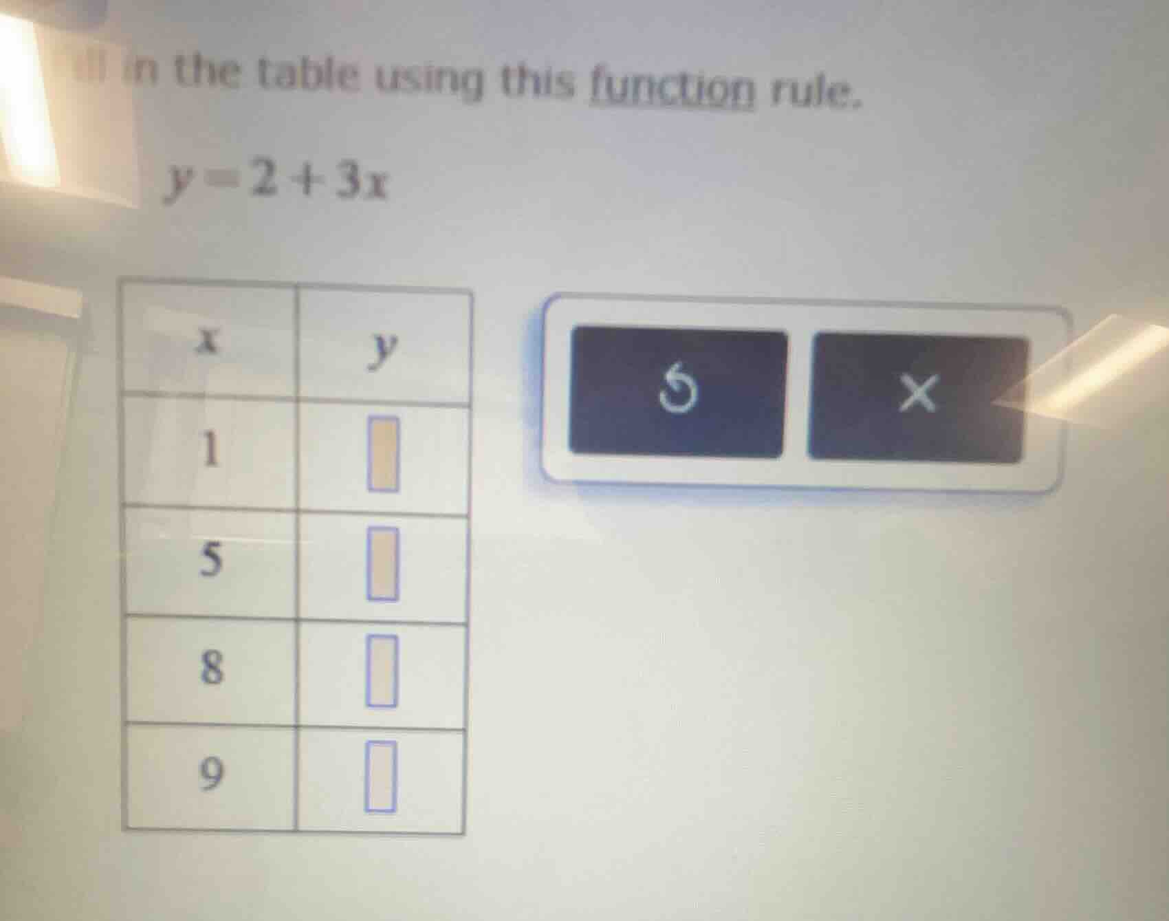 fill in the table using this function rule. y = 2 + 3x | x | y | | ----…