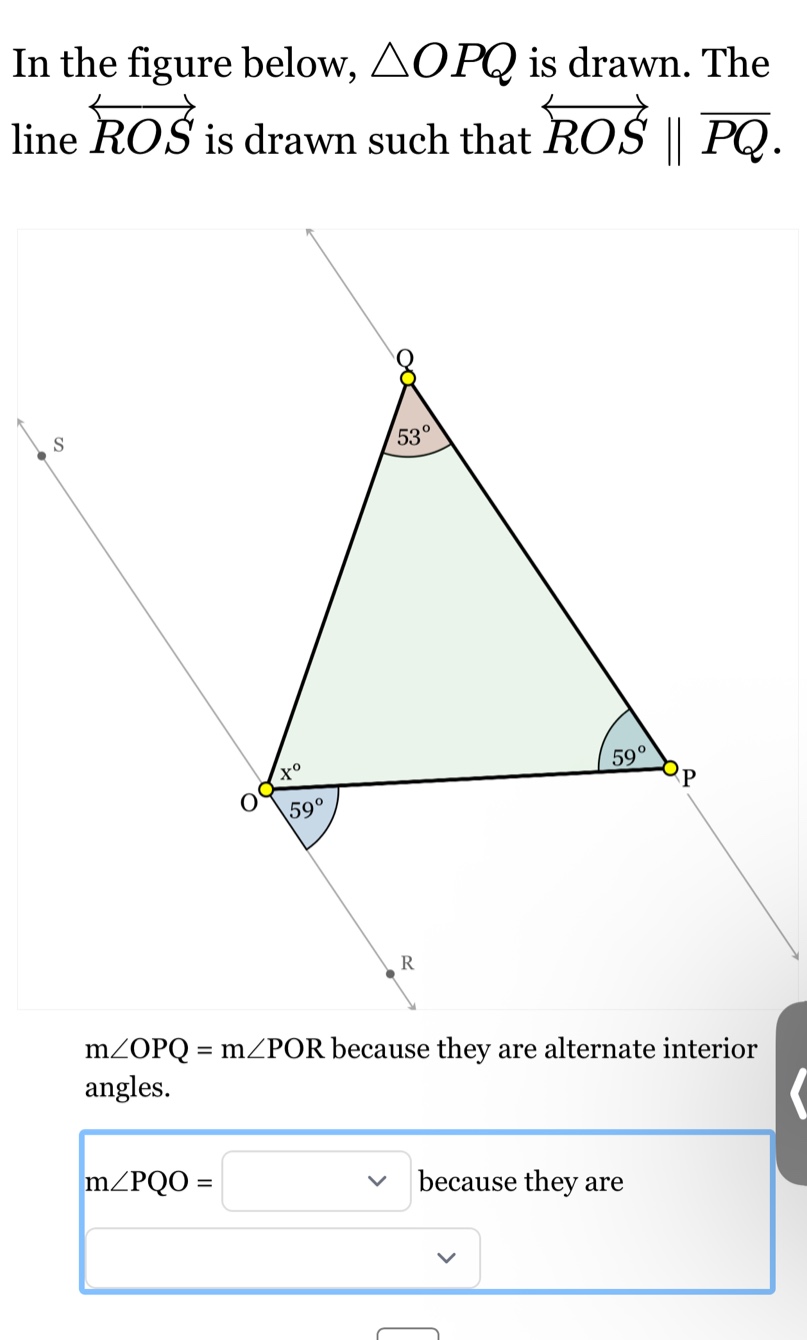 in the figure below, $\\triangle opq$ is drawn. the line $\\overleftrig…
