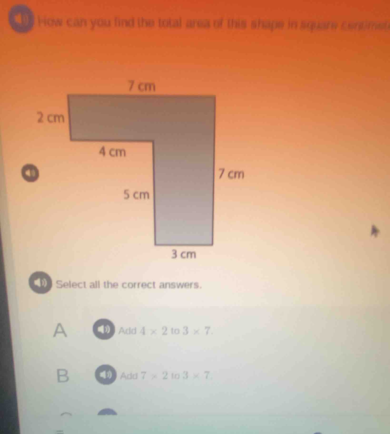 how can you find the total area of this shape in square centimeters? se…