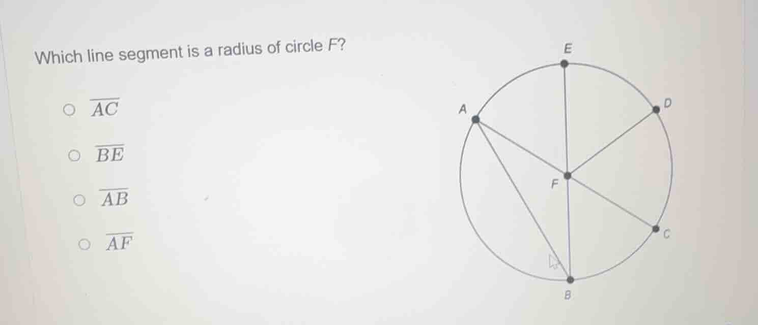 which line segment is a radius of circle f? ○ $overline{ac}$ ○ $overlin…