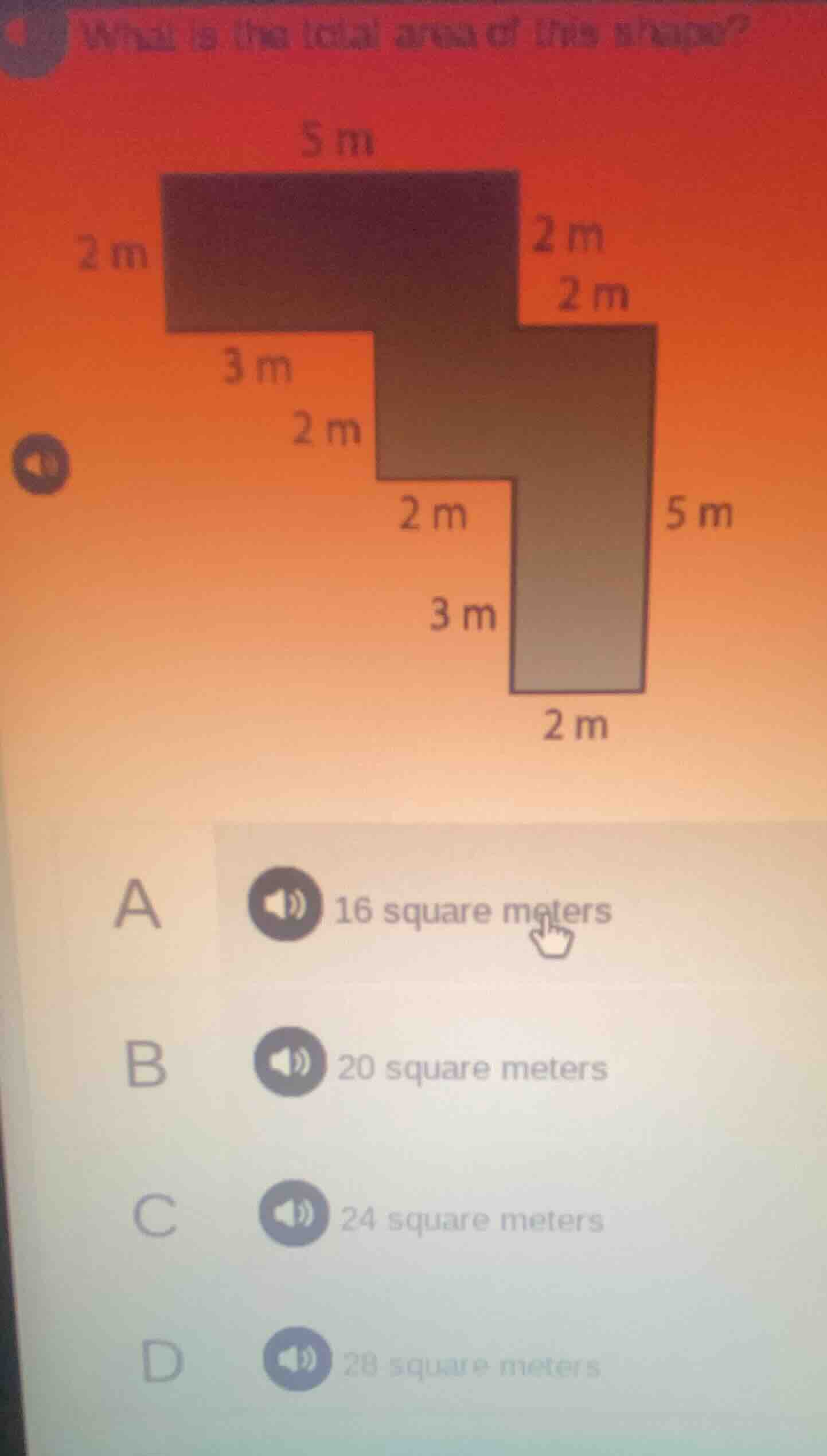 what is the total area of this shape? a 16 square meters b 20 square me…
